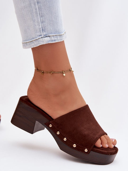 Suede Mules με Τακούνι σε Καφέ Χρώμα