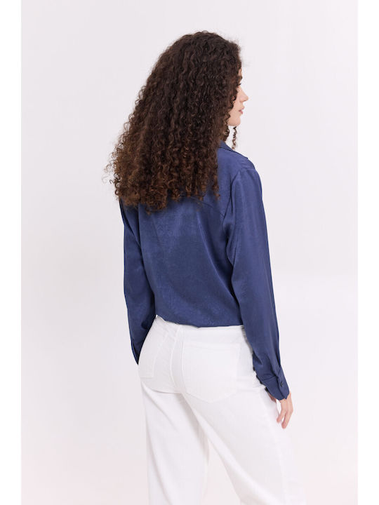 Long Sleeve Women's Satin Shirt Blue