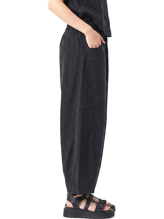 Damen Hochbund Stoffhose mit Gummiband in Loose Passform Schwarz S26B3312-Schwarz
