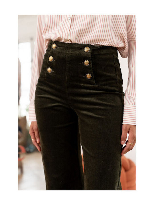 Damen Samt Hose in Breiter Bein Stil Khaki