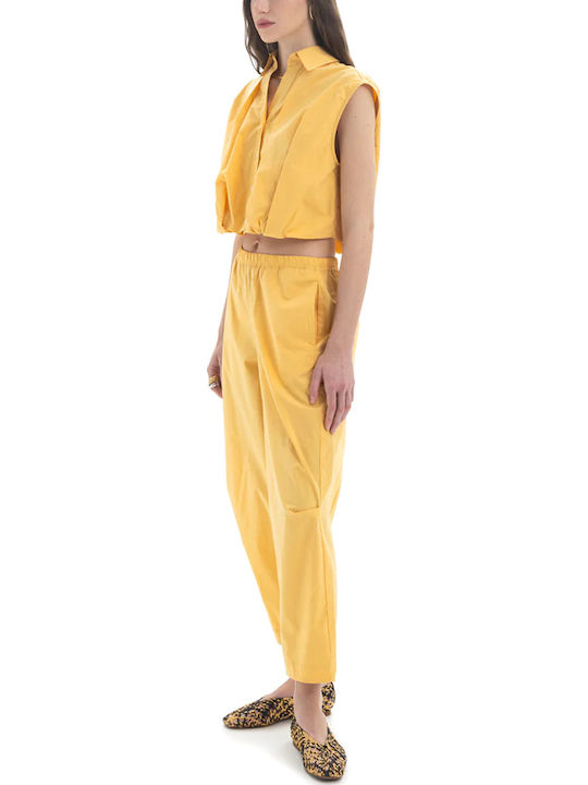 Damen Hochbund Stoff Capri Hosen mit Gummiband in Entspannte Passform Gelbe