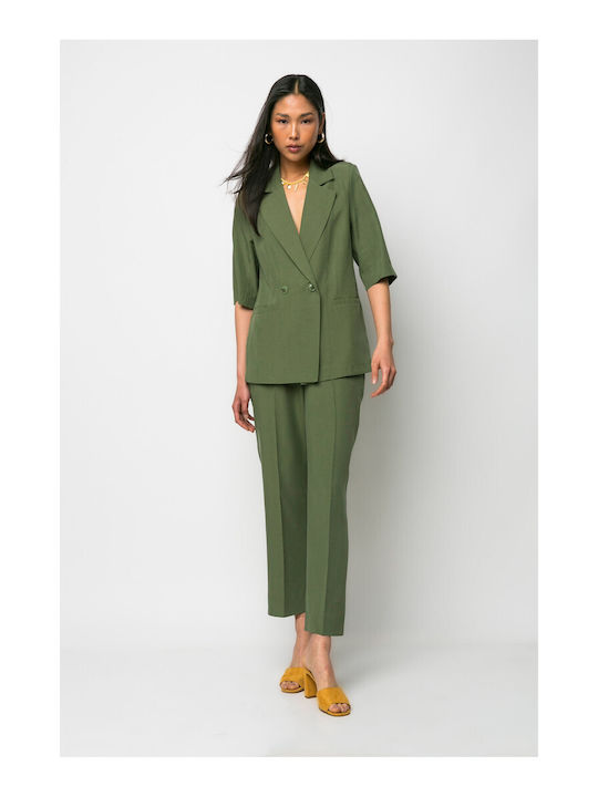Damen Stoff Capri Hose Khaki