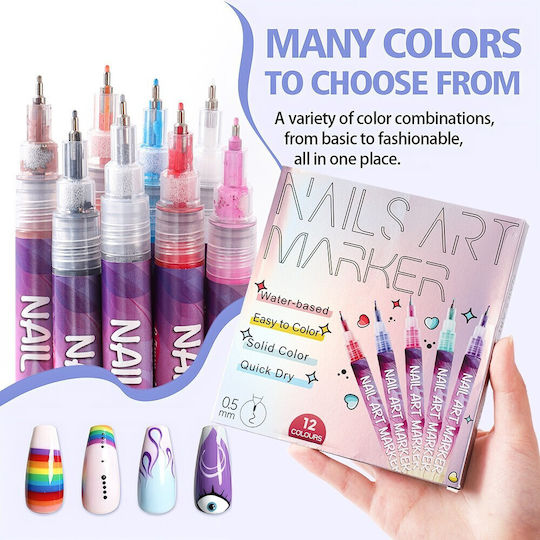 Kit Artă Unghii Flippy Set 12 Marcatoare Unghii Acrilice Vârf Ultra Fin 0,5 Mm 13 X 10 Cm Multicolor