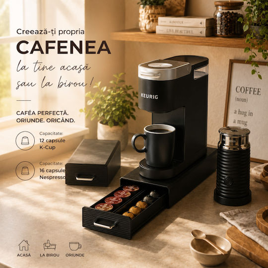 Organizator Sertar Pentru Capsule Cafea Compatibil K-cup Nespresso 32 X 12.5 X 6 Cm Negru