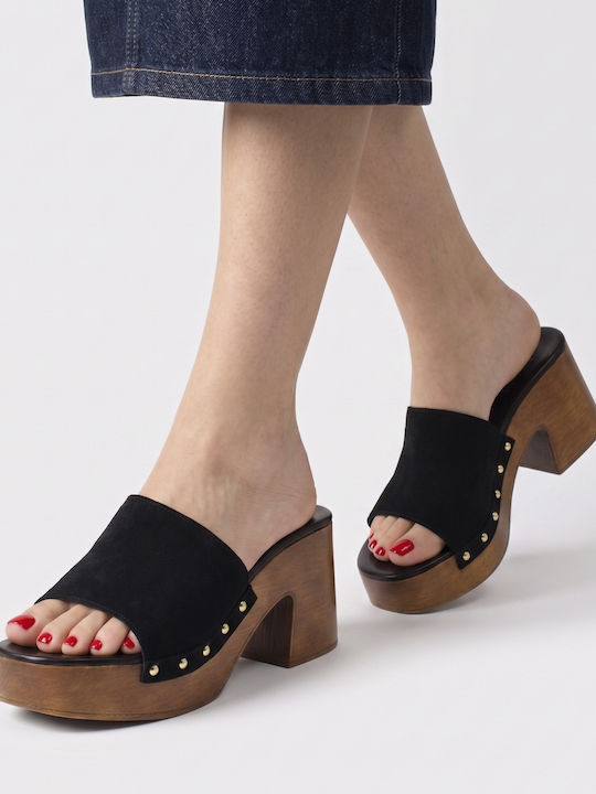 Suede Damen Pantoletten mit Hoch Absatz in Schwarz Farbe