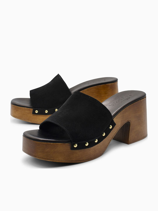 Suede Damen Pantoletten mit Hoch Absatz in Schwarz Farbe