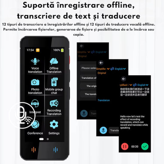 Traducător Vocal Digital Inteligent Bidirecțional Peste 137 de Limbi Online Offline Visionhub Traducere în Timp Real Voce Text Fotografii Wi-fi Ecran Tactil de 2,4 Inch 8gb Negru