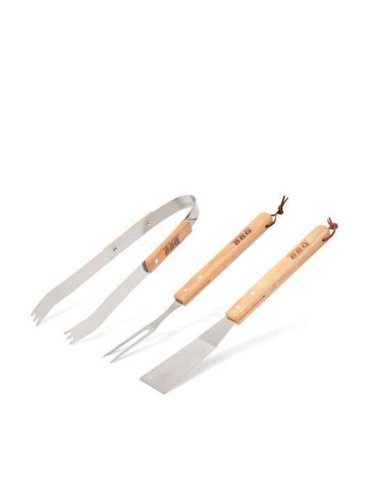 Grill Tool Set 3 Pieces Wooden Handles Stainless Steel Ends Meat Vegetables