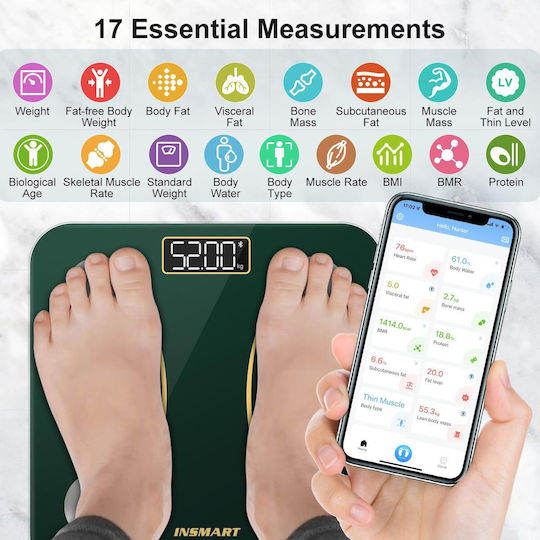Insmart Smart Cantare De Baie 180kg Cu Analizator De Grăsime Corporală Și Bluetooth Verde
