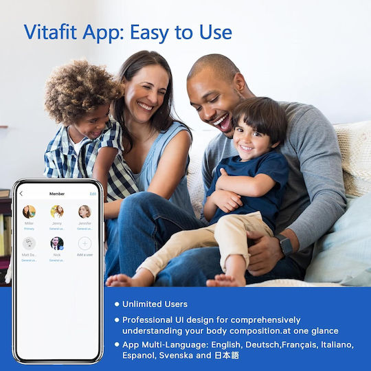 Vitafit Smart Badezimmerwaage 180kg mit Körperfettmessung & Bluetooth Silber