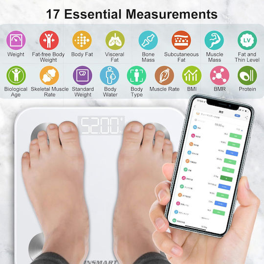 Insmart Smart Cantar De Baie 180kg Cu Analizator De Grăsime Corporală Și Bluetooth Albă