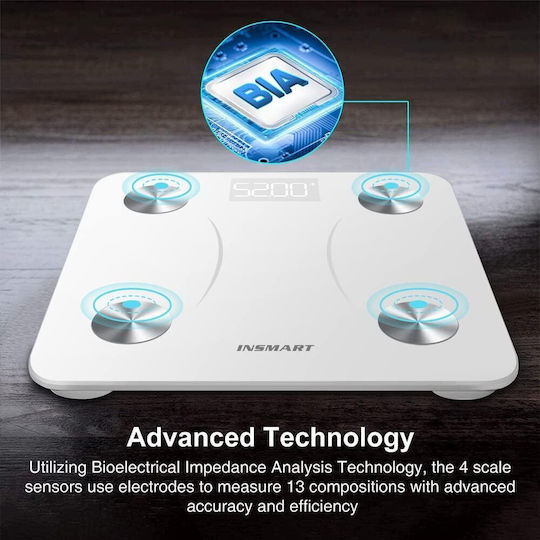 Insmart Smart Cantar De Baie 180kg Cu Analizator De Grăsime Corporală Și Bluetooth Albă