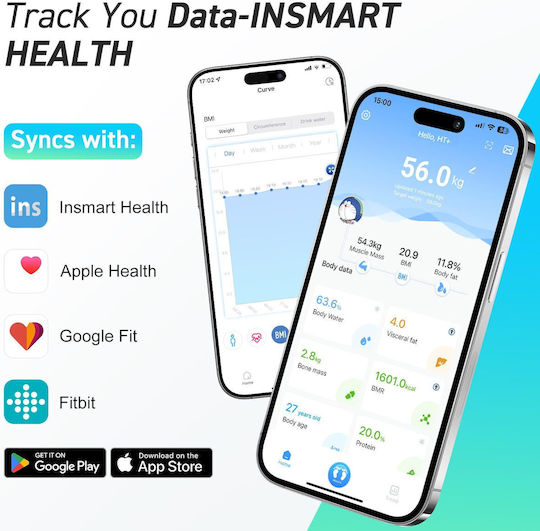 Insmart Smart Cantar De Baie 180kg Cu Analizator De Grăsime Corporală Și Bluetooth Negru