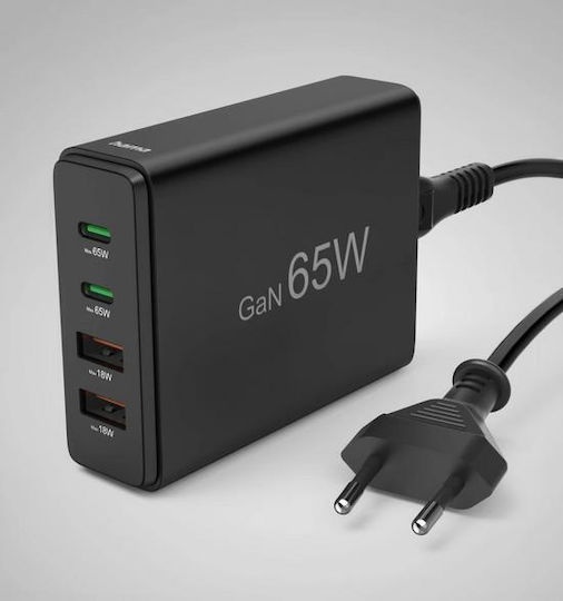 HAMA GaN с 2 USB-A порта и 2 USB-C порта 65W Power Delivery Черен (00201979)