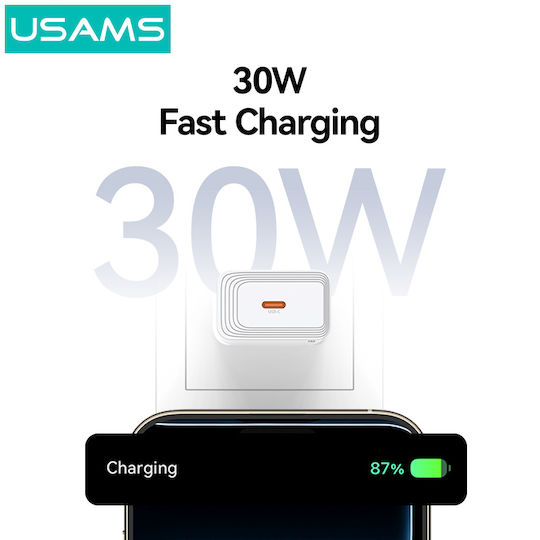 Usams Charger Without Cable with USB-C Port 30W Quick Charge 3.0 White (T69)