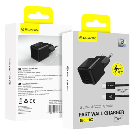 Blavec Φορτιστής με Θύρα USB-C και Καλώδιο USB-C - USB-C 25W Power Delivery Μαύρος (BC-10)