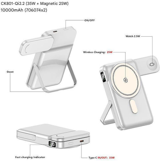 CK801 MagSafe Qi2 Power Bank 10000mAh 25W with USB-C Output Port White