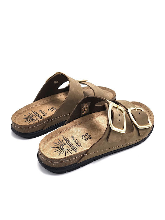 Leather Women's Flat Sandals Khaki
