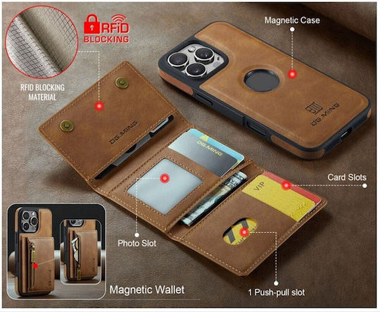 Dg.ming M5 Series Iphone 16 Pro Zip Rfid Multi Card Detachable Θήκη Δερματίνης Brown