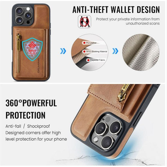 Dg.ming M5 Series Iphone 16 Pro Zip Rfid Multi Card Detachable Θήκη Δερματίνης Brown