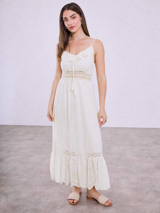 Celestino Damenkleid Mit Stickerei Durchbrochen Spaghetti-Träger Beige Offener Rücken