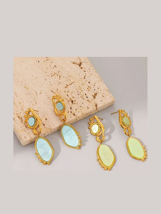 Single Dangle Steel Gold Plated with Stones Light Blue