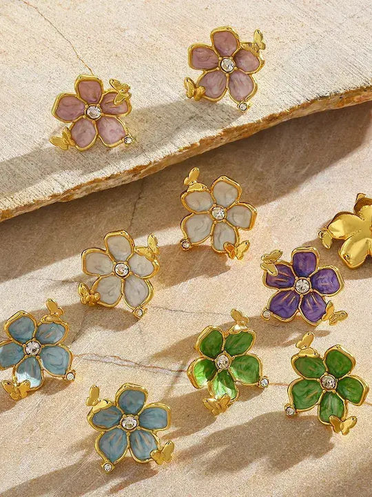 Single Steel Gold Plated Earrings with Light Blue Stones