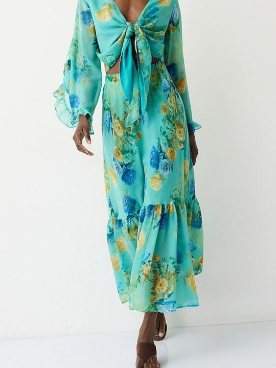 Ψηλόμεση Maxi Φούστα Floral Σμαραγδί