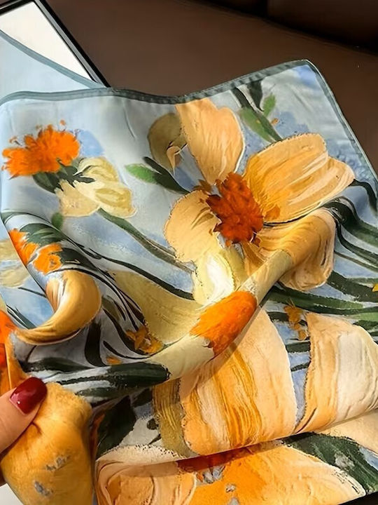 By Queen Сатенен Шал С Впечатляващи Цветя Светлосин