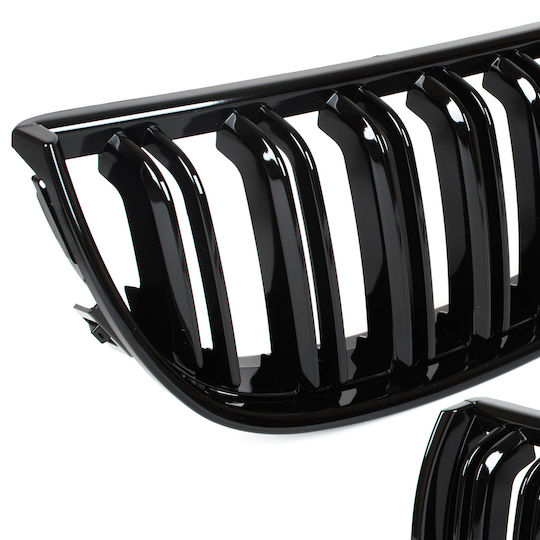 Bmw 3 E90 E91 04-09 Sedan Wagon Grille Between Headlights Kidneys Left + Right Set Black Glossy Double Bar Curved Slats