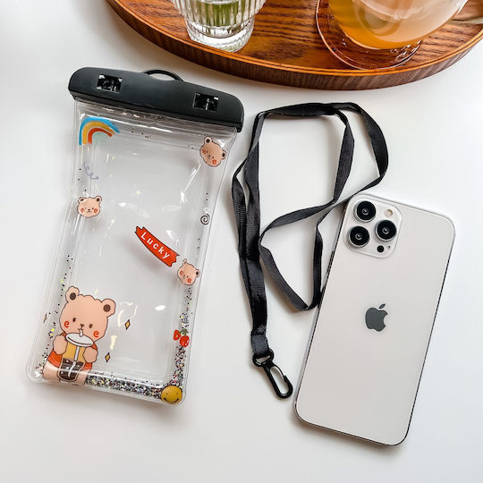 Flippy Glitter Kids Waterproof Underwater Case Snowproof Universal Lanyard Phone Documents Lucky Bear Black