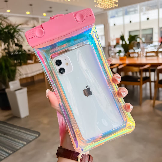 Holographic Waterproof Flippy Case Snowproof Universal Waterproof Lanyard Phone Documents Pink