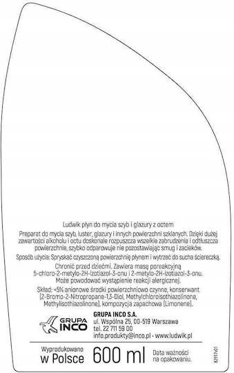 Ludwik Επαγγελματικό Καθαριστικό Υγρό Τζαμιών 600ml