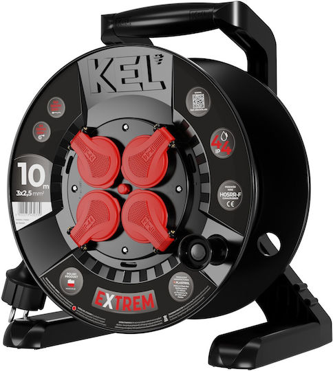 Extreme Line Reel Extension Cord 4 Sockets Switch Ip44 16a H05rr-f 3x2.5 10m Black W-100021