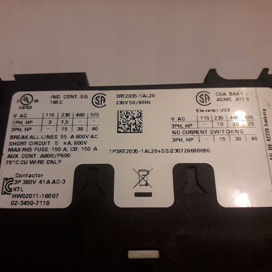 Power Contactor Ac-3e/ac-3 41 A 18.5 Kw 400 V 3-speed 230 V Ac 50/60 Hz Auxiliary Contacts 1 No + 1 Nc Terminal 3rt2035-1al20