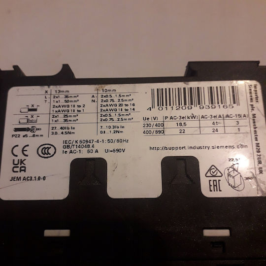 Power Contactor Ac-3e/ac-3 41 A 18.5 Kw 400 V 3-speed 230 V Ac 50/60 Hz Auxiliary Contacts 1 No + 1 Nc Terminal 3rt2035-1al20