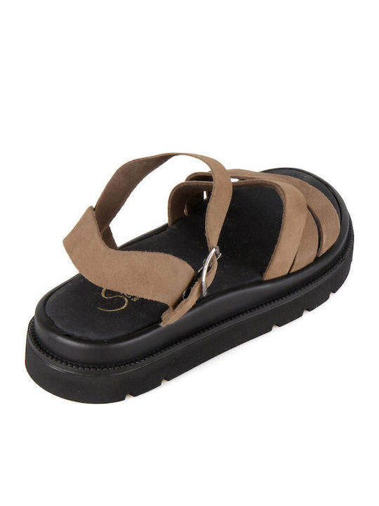 Δερμάτινα Γυναικεία Σανδάλια Flatforms Καφέ