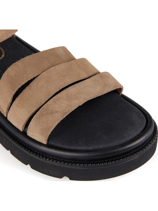 Δερμάτινα Γυναικεία Σανδάλια Flatforms Καφέ