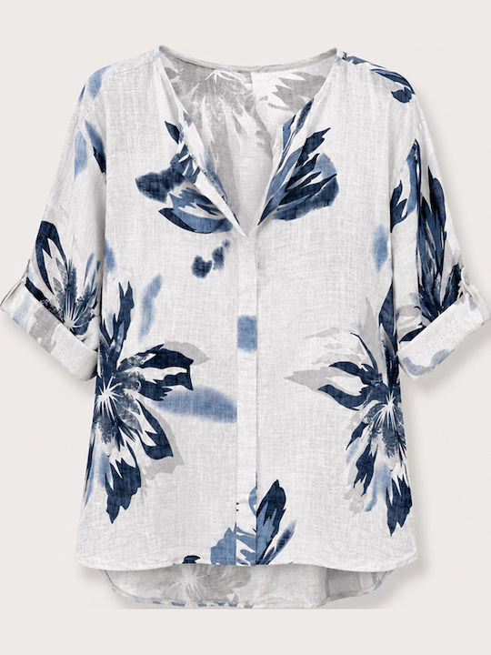 Women's Cotton Blouse with 3/4 Sleeve & V-Neckline Floral White