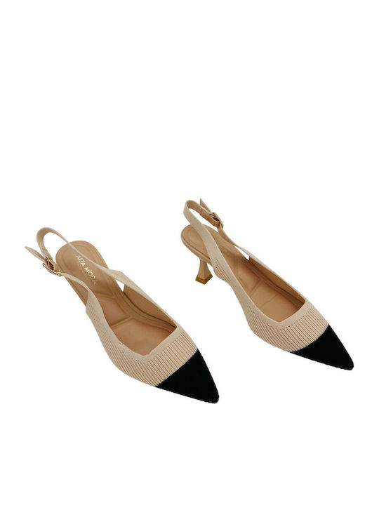 Leather Heels with Strap & Thin Medium Heel Beige