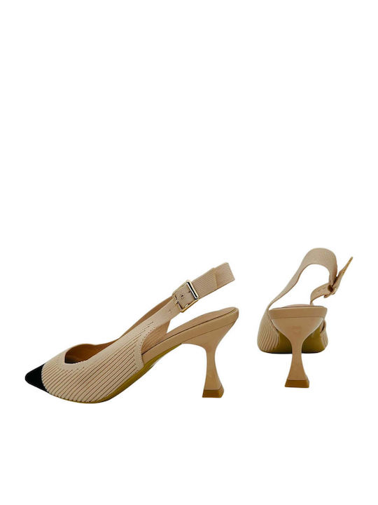 Leather Heels with Strap & Thin Medium Heel Beige