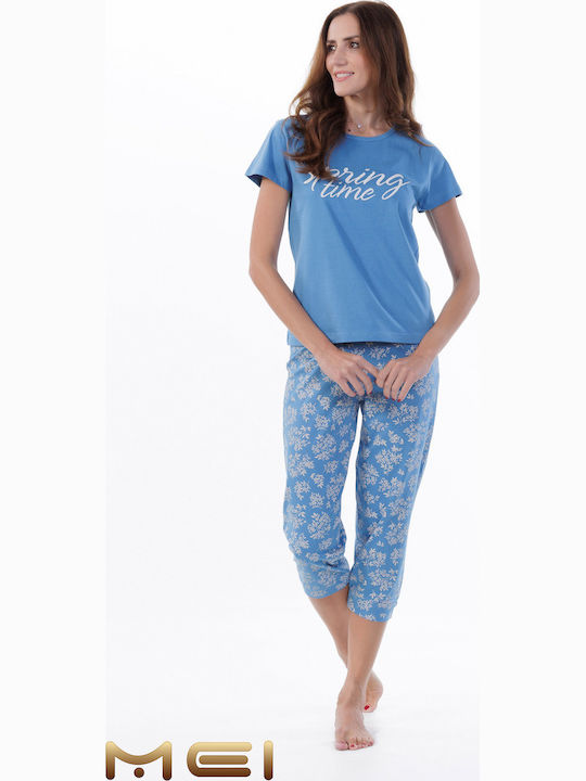 MEI MEI Damen Sommer Pyjama-Set Hellblau