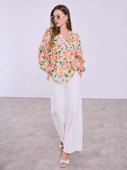 Celestino Women's Shirt Floral Balloon Sleeve Loose Fit Orange