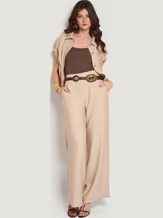 Women's Linen Trousers with Rubber Band Beige