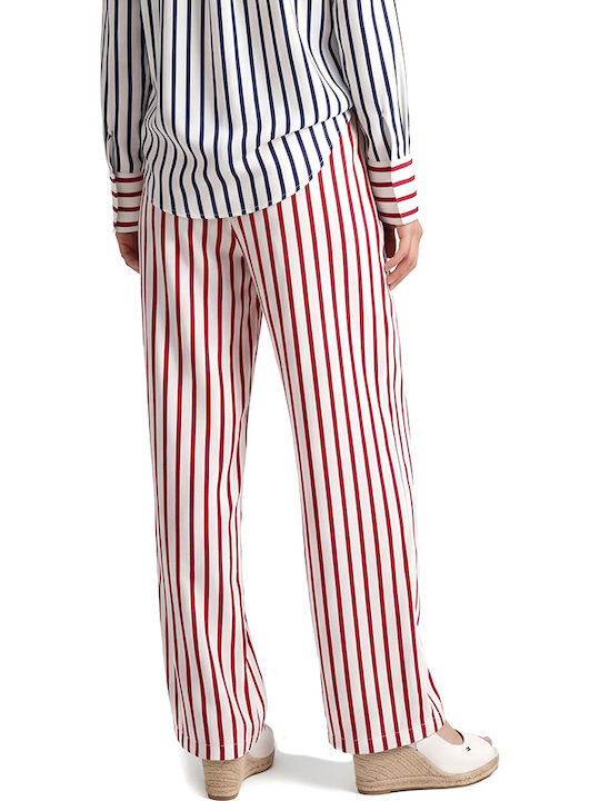 Twenty 29 Pants Women Twenty-29 Γυναικείο Ψηλόμεσο Υφασμάτινο Παντελόνι με Λάστιχο Straight Ριγέ Κοκκινο- Λευκο