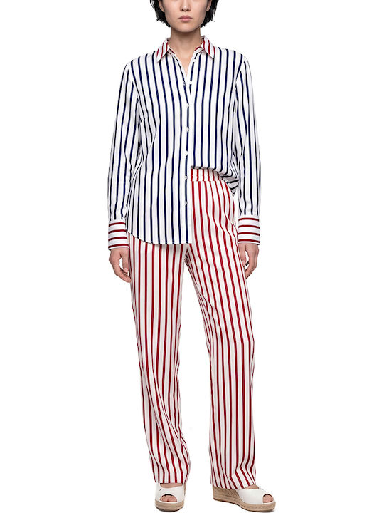 Pants Women Twenty-29 High Rise Fabric Trousers with Rubber Band in Straight Leg Striped Red-White