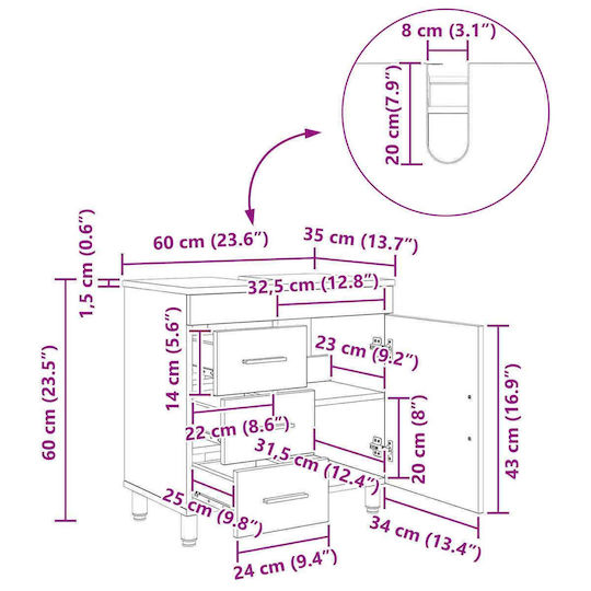 vidaXL Badezimmer Waschtisch-Einheit Ohne Waschbecken M60xB35xH60cm Eiche