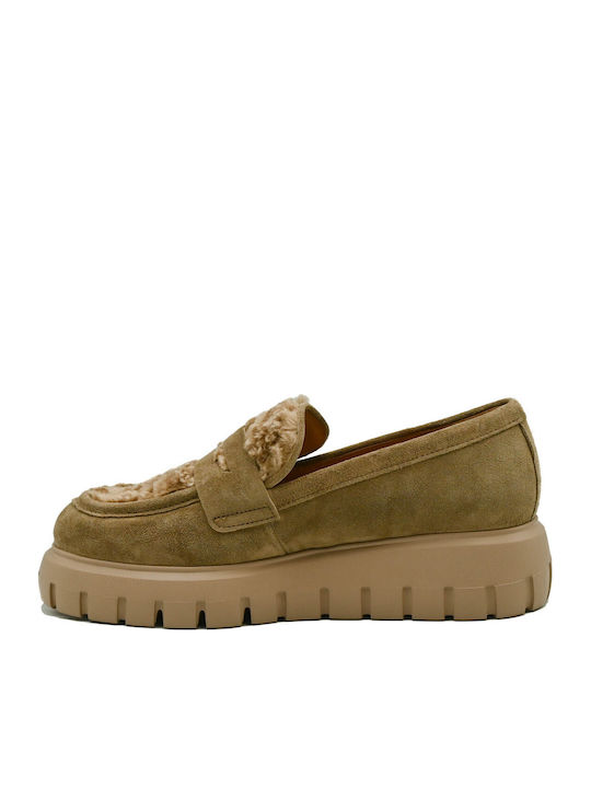 Δερμάτινα Γυναικεία Loafers σε Μπεζ Χρώμα