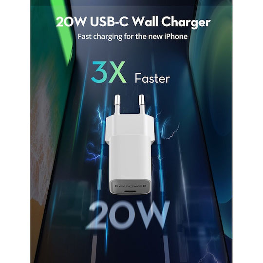 RAVPower Ladegerät ohne Kabel GaN mit USB-C Anschluss 20W Stromlieferung Weißs (RP-PC1055)