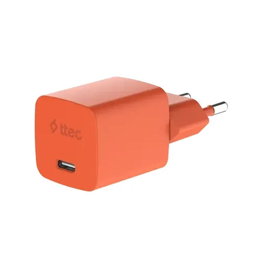 TTEC GaN Charger With USB-C Port And USB-C - USB-C Cable 45W Power Delivery Neon Orange SmartCharger